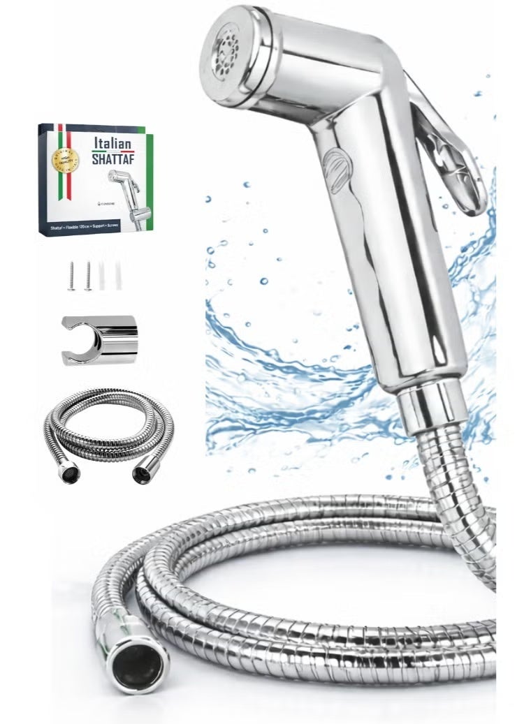 Italian Shattaf Bidet Sprayer Set – Chrome Finish Handheld Sprayer with 120cm Stainless Steel Flexible Hose, Bidet Shattaf Set, Handheld Toilet Sprayer with Adjustable Pressure, Wall Mount for Personal Hygiene & Cleaning, Muslim Shower Bidet Spray Set - Image 1