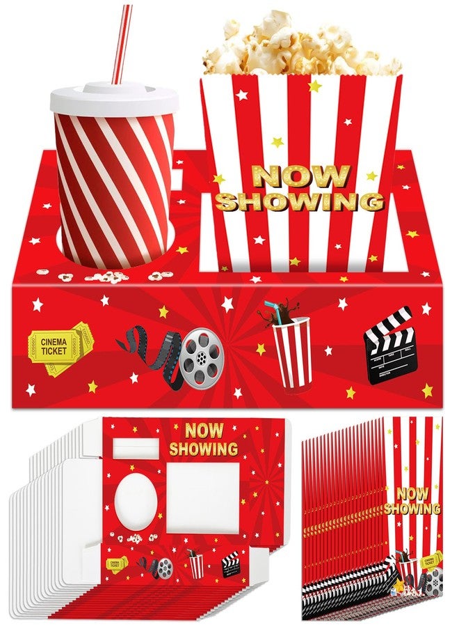 QOUBAI 48Pcs Movie Night Supplies 24 Movies Themed Snack Trays with 24 Popcorn Bags Theater Snack Boxes Cinema Theme Paper Candy Drink Tray Food Boats for Family Kids Birthday Holiday Party Supply - Image 1