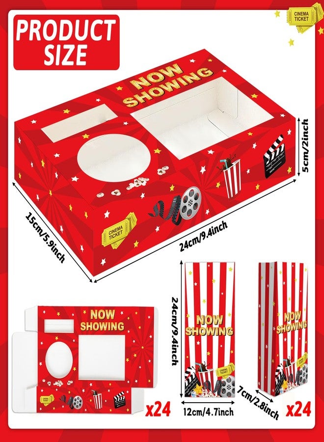 QOUBAI 48Pcs Movie Night Supplies 24 Movies Themed Snack Trays with 24 Popcorn Bags Theater Snack Boxes Cinema Theme Paper Candy Drink Tray Food Boats for Family Kids Birthday Holiday Party Supply - Image 2