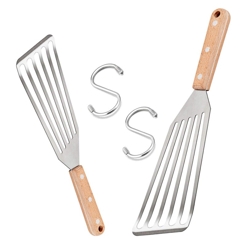 HaSteeL Fish Spatula Set of 2  HaSteeL Stainless Steel Slotted Spatula Turner with Riveted Wooden Handle  Professional Metal Spatulas Great for Kitchen Cooking Flipping Frying & Grilling  2 x Hooks - Image 1