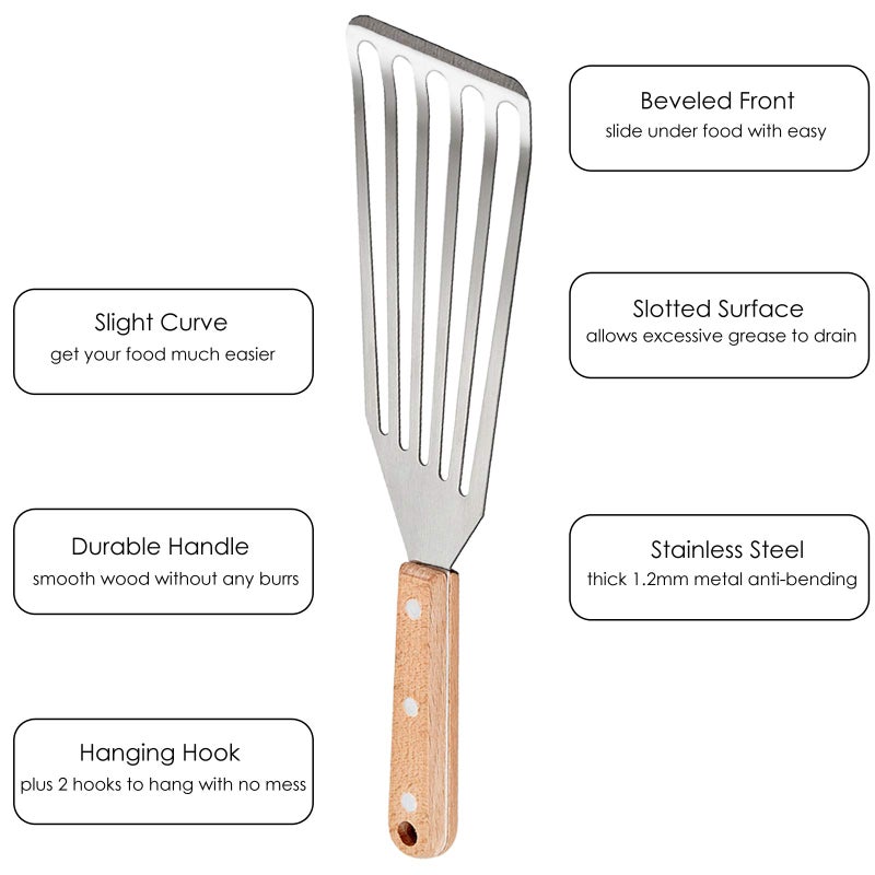 HaSteeL Fish Spatula Set of 2  HaSteeL Stainless Steel Slotted Spatula Turner with Riveted Wooden Handle  Professional Metal Spatulas Great for Kitchen Cooking Flipping Frying & Grilling  2 x Hooks - Image 3