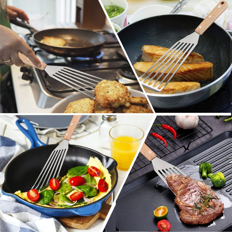 HaSteeL Fish Spatula Set of 2  HaSteeL Stainless Steel Slotted Spatula Turner with Riveted Wooden Handle  Professional Metal Spatulas Great for Kitchen Cooking Flipping Frying & Grilling  2 x Hooks - Image 5