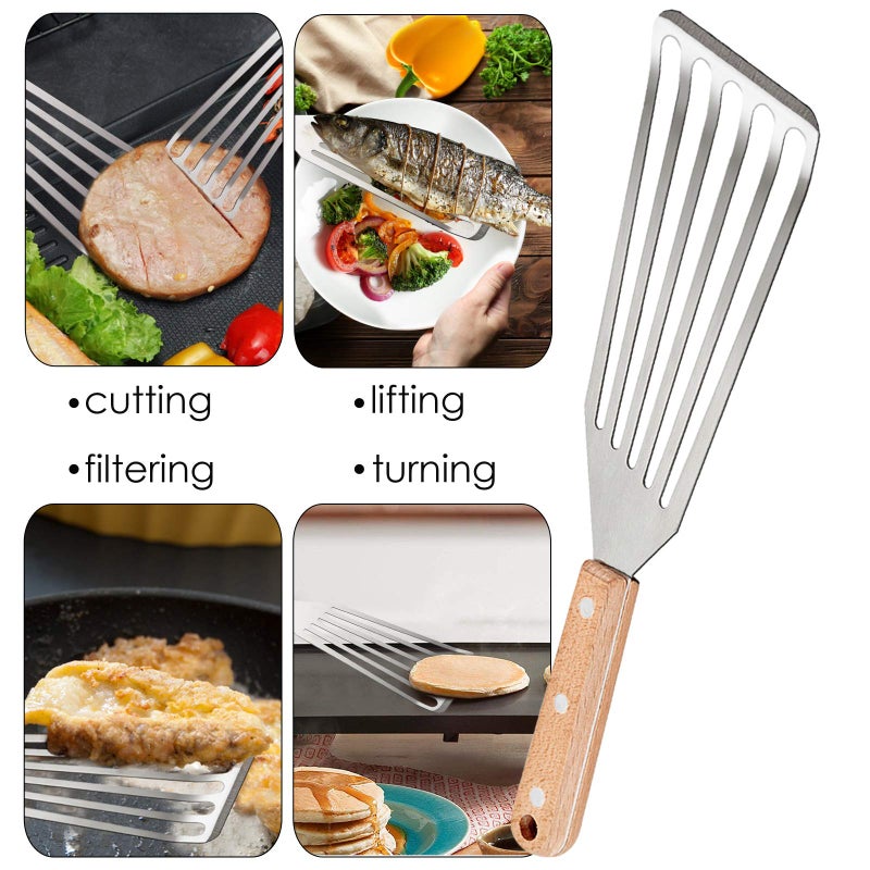 HaSteeL Fish Spatula Set of 2  HaSteeL Stainless Steel Slotted Spatula Turner with Riveted Wooden Handle  Professional Metal Spatulas Great for Kitchen Cooking Flipping Frying & Grilling  2 x Hooks - Image 4