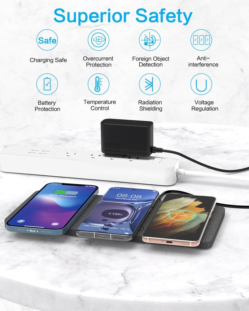 ZealSound شاحن لاسلكي ثلاثي من زيلساوند، لوحة شحن، محطة شحن فائق النحافة 3x10W لأجهزة متعددة مثل Airpods الجديدة وسماعات سامسونج، قاعدة شحن مع محول AC لجميع الهواتف التي تدعم الشحن اللاسلكي. - Image 2