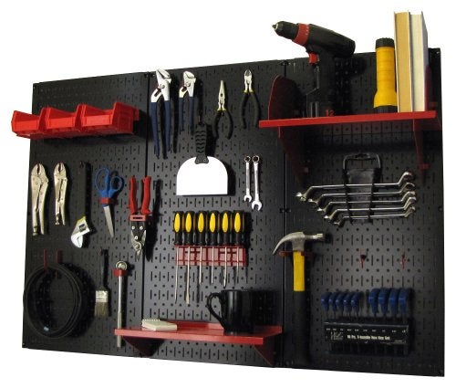Wall Control Pegboard Organizer 4 ft Metal Pegboard Standard Tool Storage Kit with Black Toolboard and Red Accessories