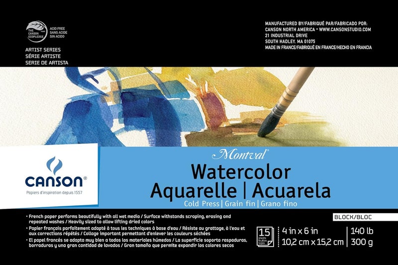 CANSON ورق مائي كانسون أرتيست سيريز مونتفال بلوك 4x6 بوصة 15 ورقة 140 رطل 300 جرام ورق فني للبالغين والطلاب للألوان المائية والوسائط المختلطة والأقلام الفنية ومذكرات الفن - Image 1