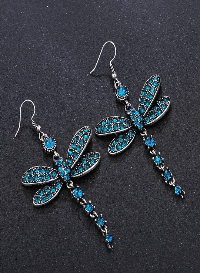 POYAMUSE Dragonfly Crystal Dangle Earrings for Women - Rhinestone Insect Long Tail Drop Earrings-blue - Image 2