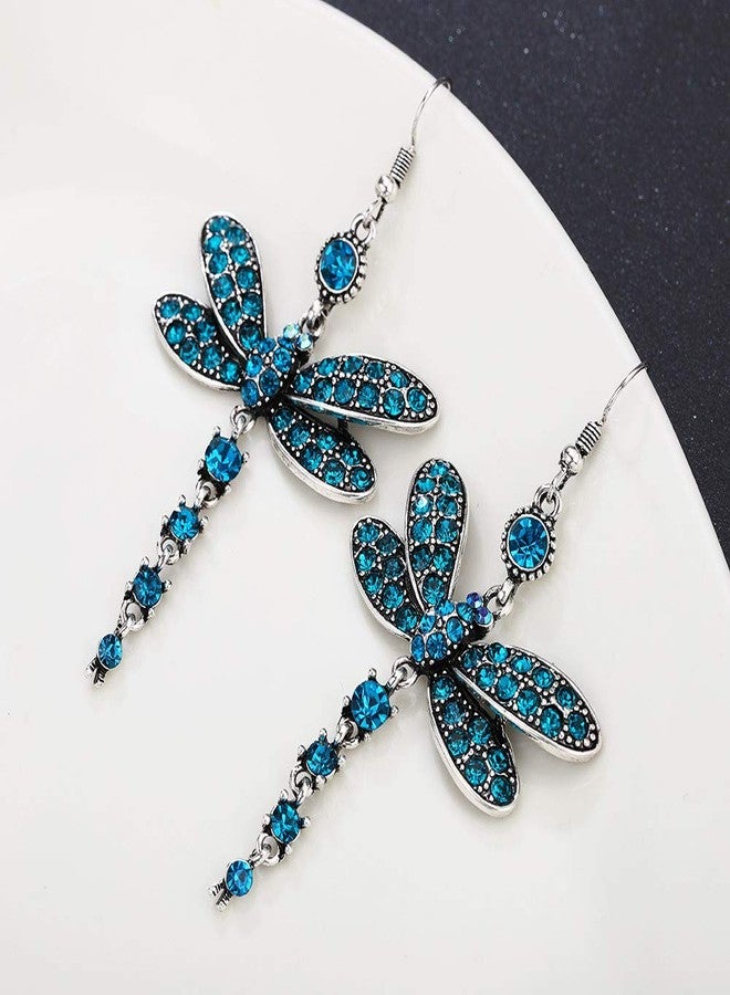 POYAMUSE Dragonfly Crystal Dangle Earrings for Women - Rhinestone Insect Long Tail Drop Earrings-blue - Image 4