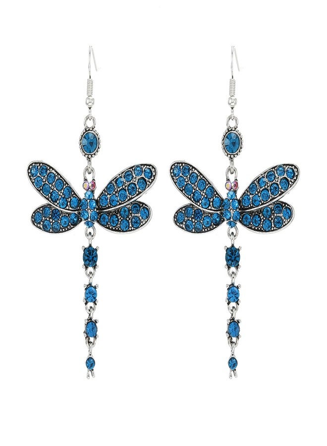 POYAMUSE Dragonfly Crystal Dangle Earrings for Women - Rhinestone Insect Long Tail Drop Earrings-blue - Image 1