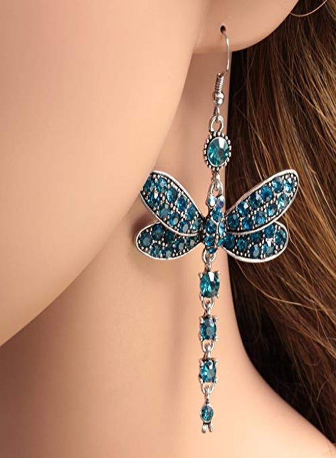 POYAMUSE Dragonfly Crystal Dangle Earrings for Women - Rhinestone Insect Long Tail Drop Earrings-blue - Image 3