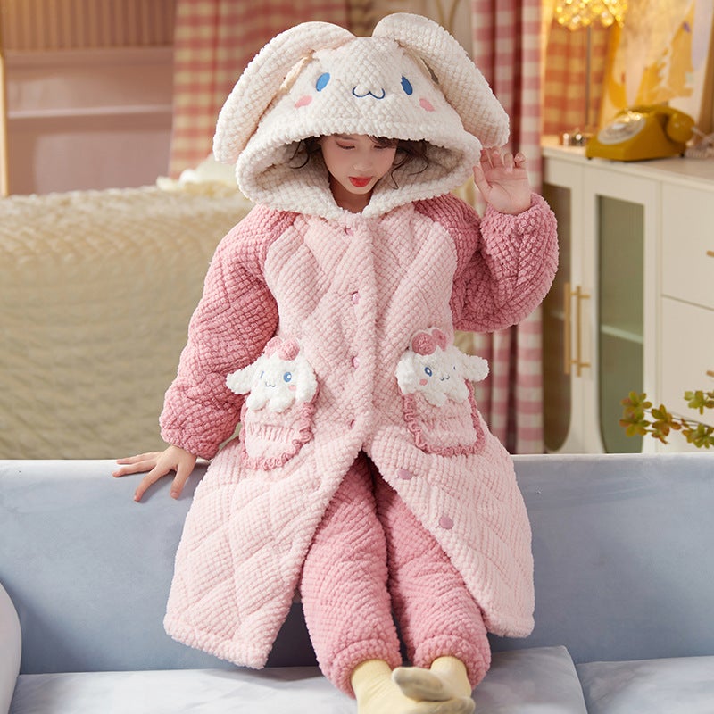 Children'S Pajamas, Coral Velvet Pajamas, Quilted And Thickened, Girls' Flannel Bathrobes, Mid-Length Home Clothes - Image 1