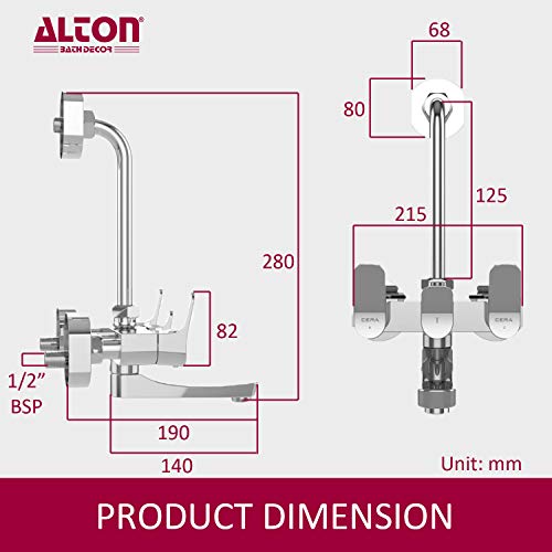 ALTON AURA-19075 Wall Mixer with 360 Swivel Spout and Provision for Overhead Shower with 125 mm Long Bend Pipe & Wall Flange (Chrome) - Image 2