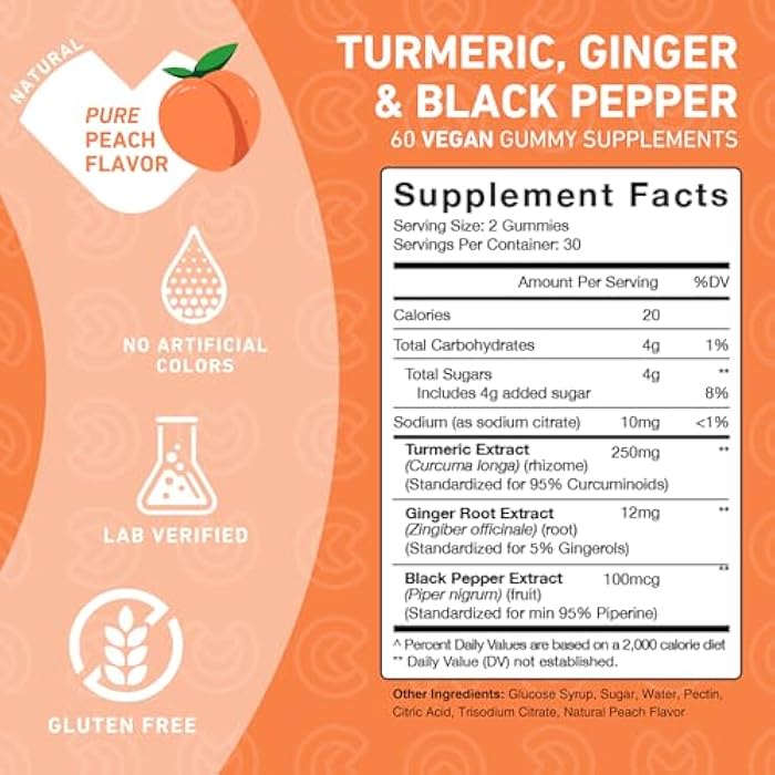 PUREFINITY Turmeric and Ginger Supplement Gummies with Black Pepper, Joint Support Curcumin Chewables with Delicious Flavor – Gluten Free, Non-GMO, Vegan, 60 Count - Image 4