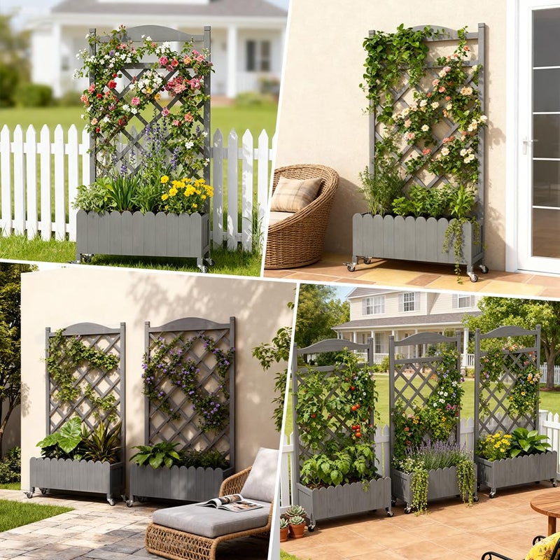 COMHOMA 2 Pack Raised Garden Bed with Trellis and Wheels,48Inch Elevated Planter Box with Drainage Holes,Lattice Privacy Screen for Climbing Plants Vegetables,Outdoor for Patio Balcony Yard,Gray - Image 3