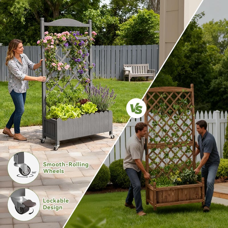 COMHOMA 2 Pack Raised Garden Bed with Trellis and Wheels,48Inch Elevated Planter Box with Drainage Holes,Lattice Privacy Screen for Climbing Plants Vegetables,Outdoor for Patio Balcony Yard,Gray - Image 4