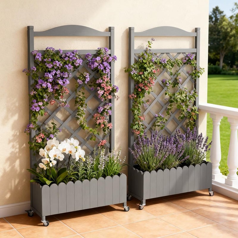 COMHOMA 2 Pack Raised Garden Bed with Trellis and Wheels,48Inch Elevated Planter Box with Drainage Holes,Lattice Privacy Screen for Climbing Plants Vegetables,Outdoor for Patio Balcony Yard,Gray - Image 1