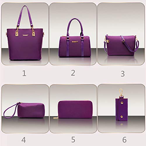 AlwaySky Nylon Women's Shoulder Bag 6 PCS Top-Handle Handbag Tote Purse Wallet Key Case Set (Purple) - Image 2