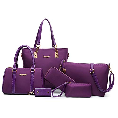 AlwaySky Nylon Women's Shoulder Bag 6 PCS Top-Handle Handbag Tote Purse Wallet Key Case Set (Purple) - Image 1