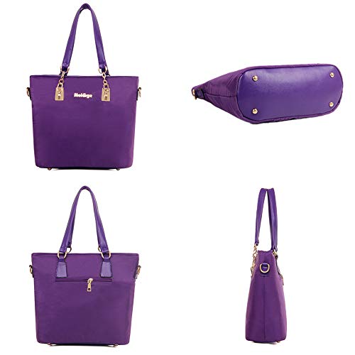 AlwaySky Nylon Women's Shoulder Bag 6 PCS Top-Handle Handbag Tote Purse Wallet Key Case Set (Purple) - Image 3