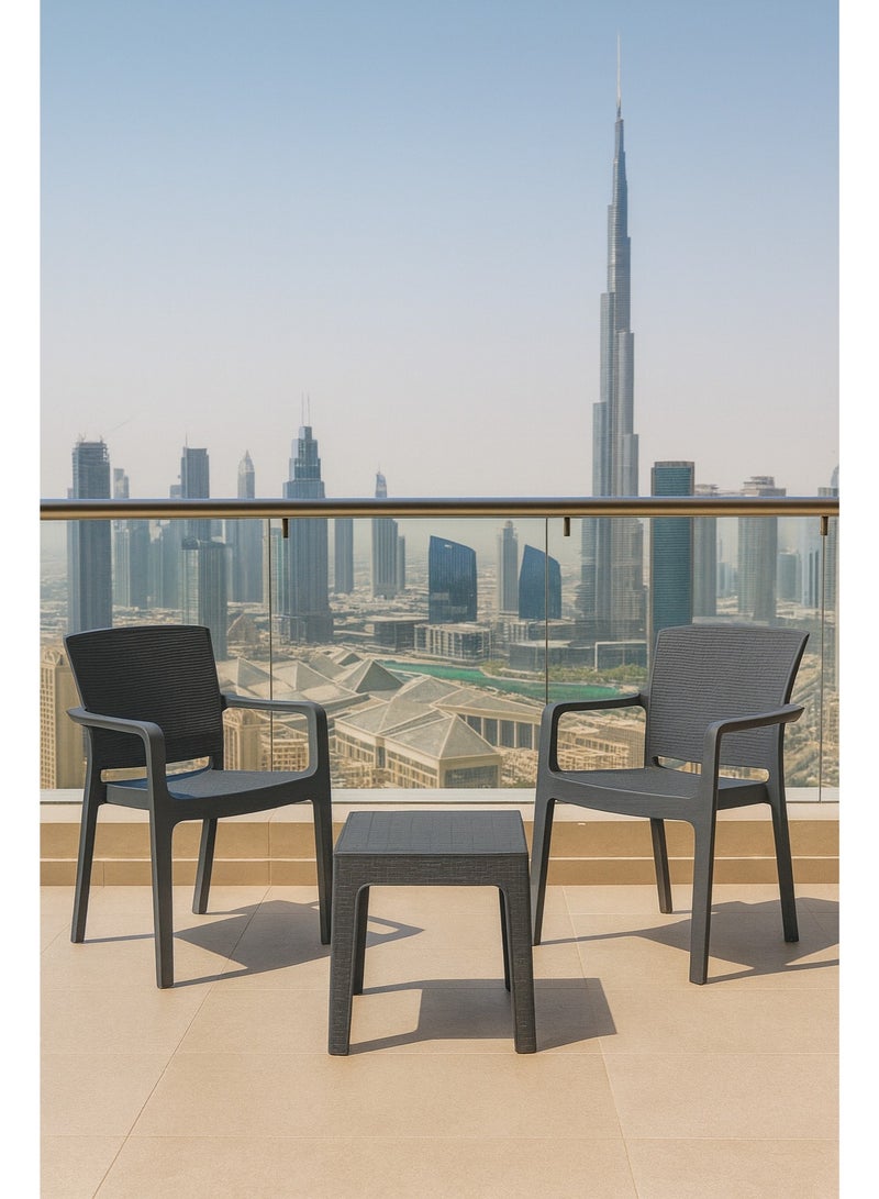 Marcolo 3-Piece Outdoor Bistro Set – 2 Rattan-Style Armchairs + 1 Coffee Table – Grey – UV-Resistant, Durable Patio Furniture for Balcony, Garden & Terrace - Image 1