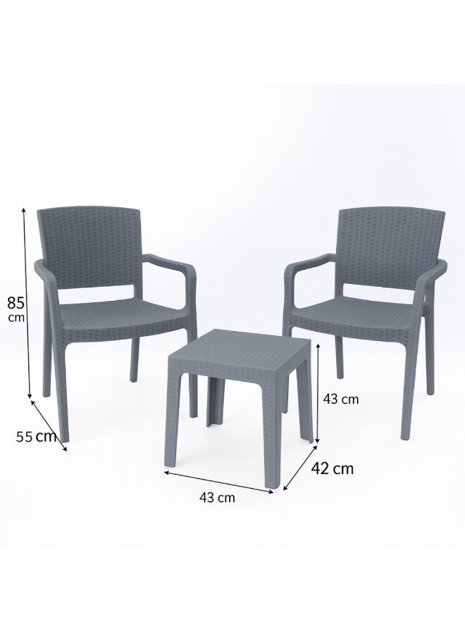 Marcolo 3-Piece Outdoor Bistro Set – 2 Rattan-Style Armchairs + 1 Coffee Table – Grey – UV-Resistant, Durable Patio Furniture for Balcony, Garden & Terrace - Image 4