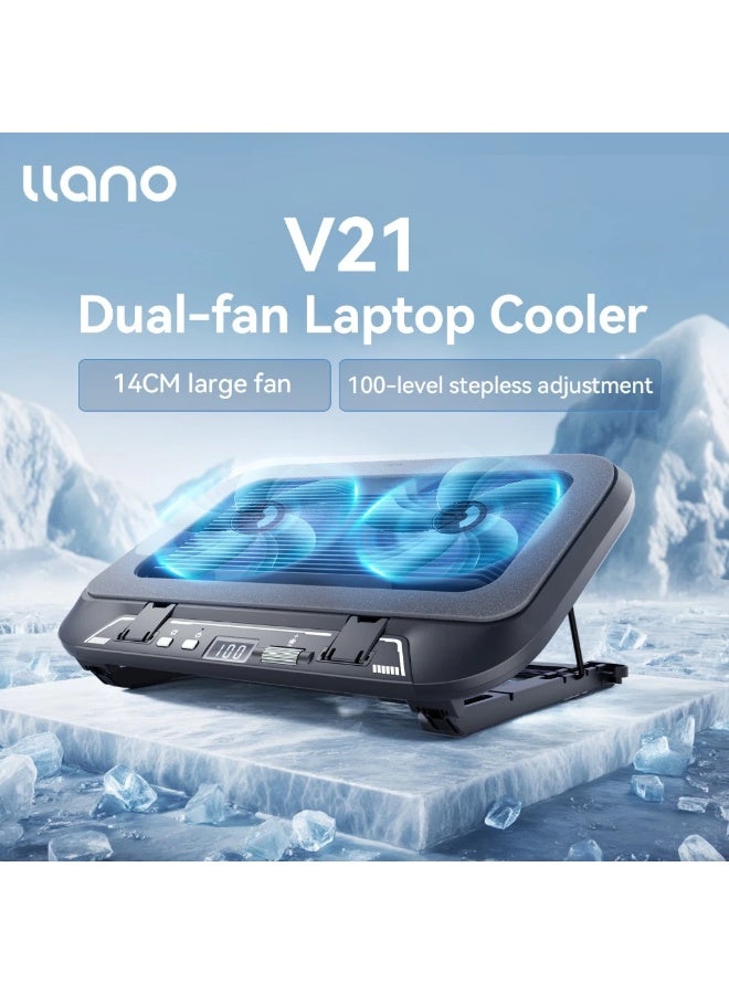 LLANO V21 Laptop Cooling Pad for 14-17.3 Inch Laptops, Dual 14CM Large Silent Cooling Fans, Adjustable Height, Portable Laptop Cooler, High Airflow Cooling Stand for Gaming, Office, Study & Home Use - Image 1