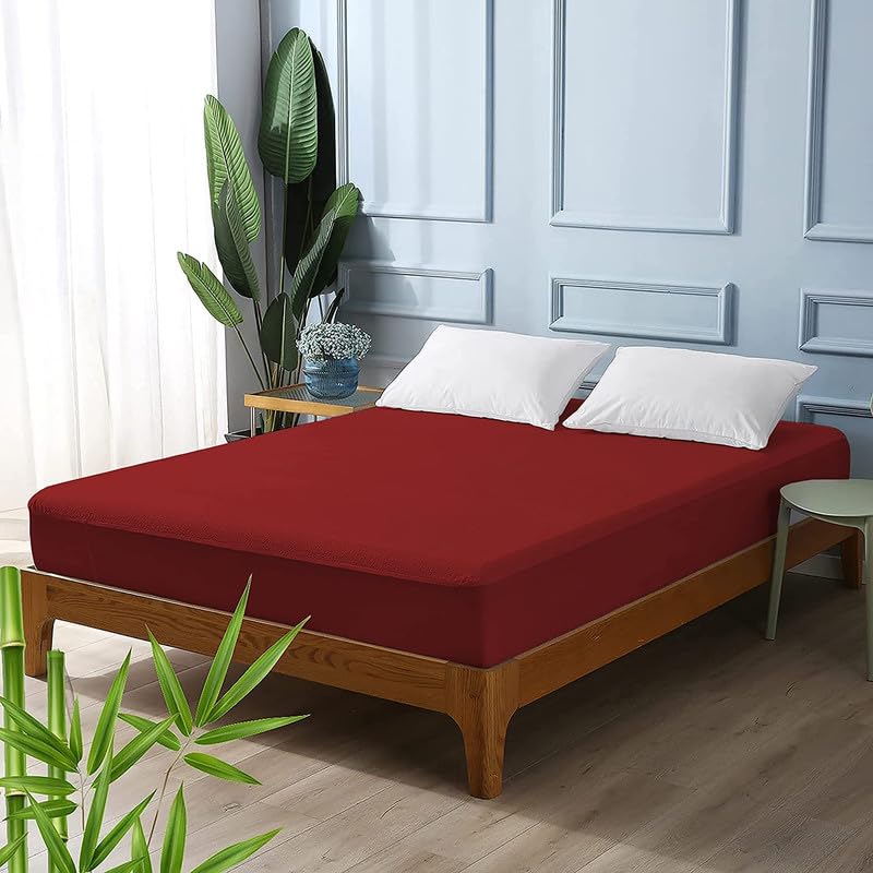 Rajasthan Crafts Cotton Terry Ultra Soft Waterproof Mattress Protector| Fits Upto 10 inch Bed | Breathable - Hypoallergenic Mattresses Cover (72x75 inch | 6x6.25 feet, Maroon) - Image 1