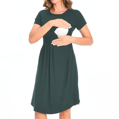 Bearsland Women's Short Sleeves Maternity Dress Nursing Breastfeeding Dresses with Pockets,Green,XL - Image 5