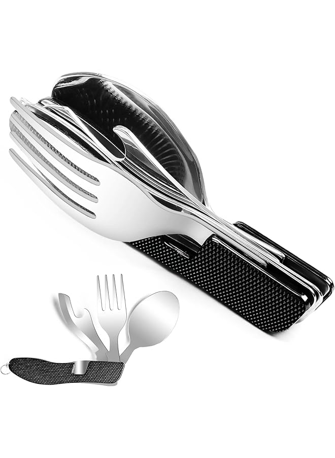 PROMASS 4-In-1 Camping Utensils Set – Stainless Steel Fork, Spoon, Knife & Bottle Opener, Folding Cutlery For Backpacking, Hiking, Traveling, Scouting, Compact Travel Utensils For Outdoor Adventures - Image 1