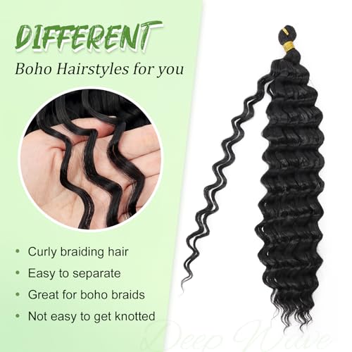 Eerya Long Curly Braiding Hair 18 Inch 2 Packs Ocean Wave Crochet Hair for Black Women Deep Wave Braiding Hair for Boho Braids (18 inch, 1B) - Image 3