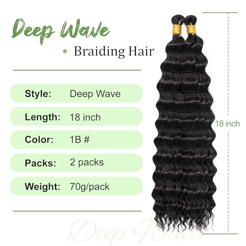 Eerya Long Curly Braiding Hair 18 Inch 2 Packs Ocean Wave Crochet Hair for Black Women Deep Wave Braiding Hair for Boho Braids (18 inch, 1B) - Image 2