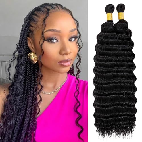 Eerya Long Curly Braiding Hair 18 Inch 2 Packs Ocean Wave Crochet Hair for Black Women Deep Wave Braiding Hair for Boho Braids (18 inch, 1B) - Image 1