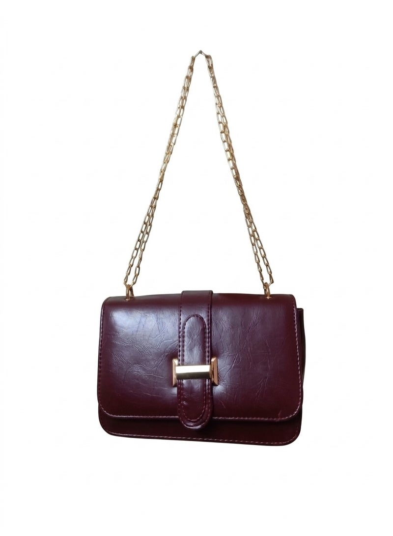 Women's Leather Cross Body Bag,Gold Color Chain, Elegant Design (Maroon)