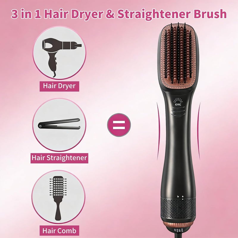 3 in 1 Hair Dryer Brush Straightener 1200W Negative Tourmaline 3 Heat/2 Speed Settings Ionic Hot Air Brush One Step Blow Dryer and Styler for Straightening Drying Smoothing (Gray) - Image 2