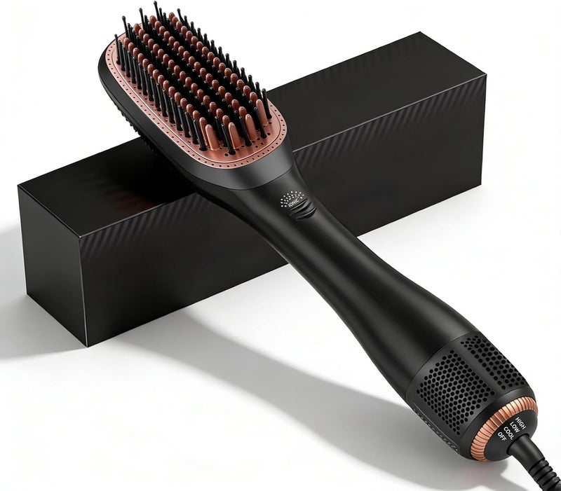 3 in 1 Hair Dryer Brush Straightener 1200W Negative Tourmaline 3 Heat/2 Speed Settings Ionic Hot Air Brush One Step Blow Dryer and Styler for Straightening Drying Smoothing (Gray) - Image 1