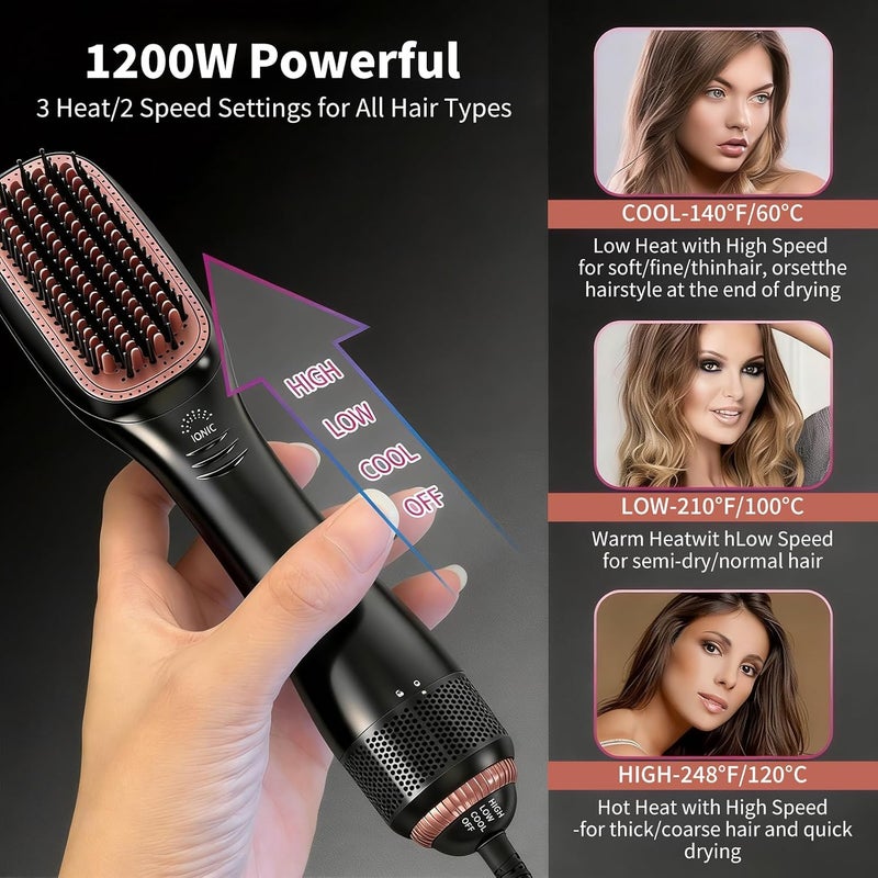 3 in 1 Hair Dryer Brush Straightener 1200W Negative Tourmaline 3 Heat/2 Speed Settings Ionic Hot Air Brush One Step Blow Dryer and Styler for Straightening Drying Smoothing (Gray) - Image 4