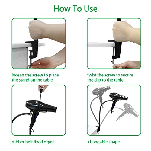 LUEXBOX Hands Free Blow Dryer Holder, Stainless Steel Hair Dryer Stand Clamp Mount for Countertop, Adjustable Hair Dryer Holder for Dog Grooming Table Arm with Clamp (Black) - Image 4