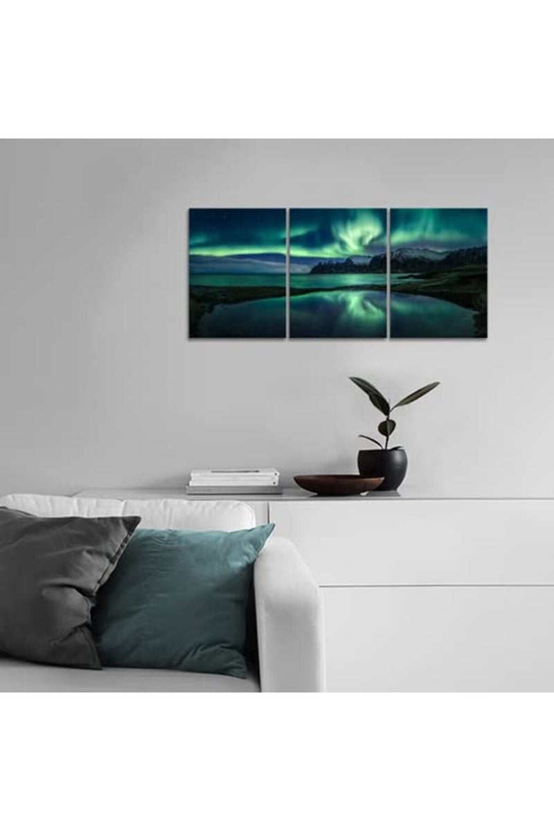 KAWAHONE Northern Lights Canvas Wall Art, Norwegian Beautiful Aurora Scenery Poster Frame, Modern Home Art Stretched and Framed Ready to Hang, 12" x 16" x 3 PCS - Image 4