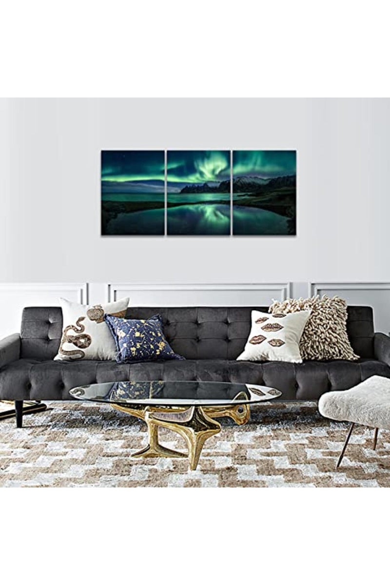 KAWAHONE Northern Lights Canvas Wall Art, Norwegian Beautiful Aurora Scenery Poster Frame, Modern Home Art Stretched and Framed Ready to Hang, 12" x 16" x 3 PCS - Image 3