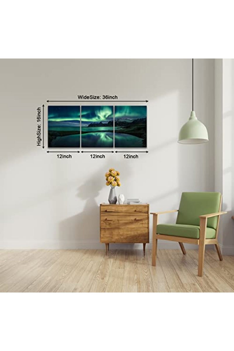 KAWAHONE Northern Lights Canvas Wall Art, Norwegian Beautiful Aurora Scenery Poster Frame, Modern Home Art Stretched and Framed Ready to Hang, 12" x 16" x 3 PCS - Image 2