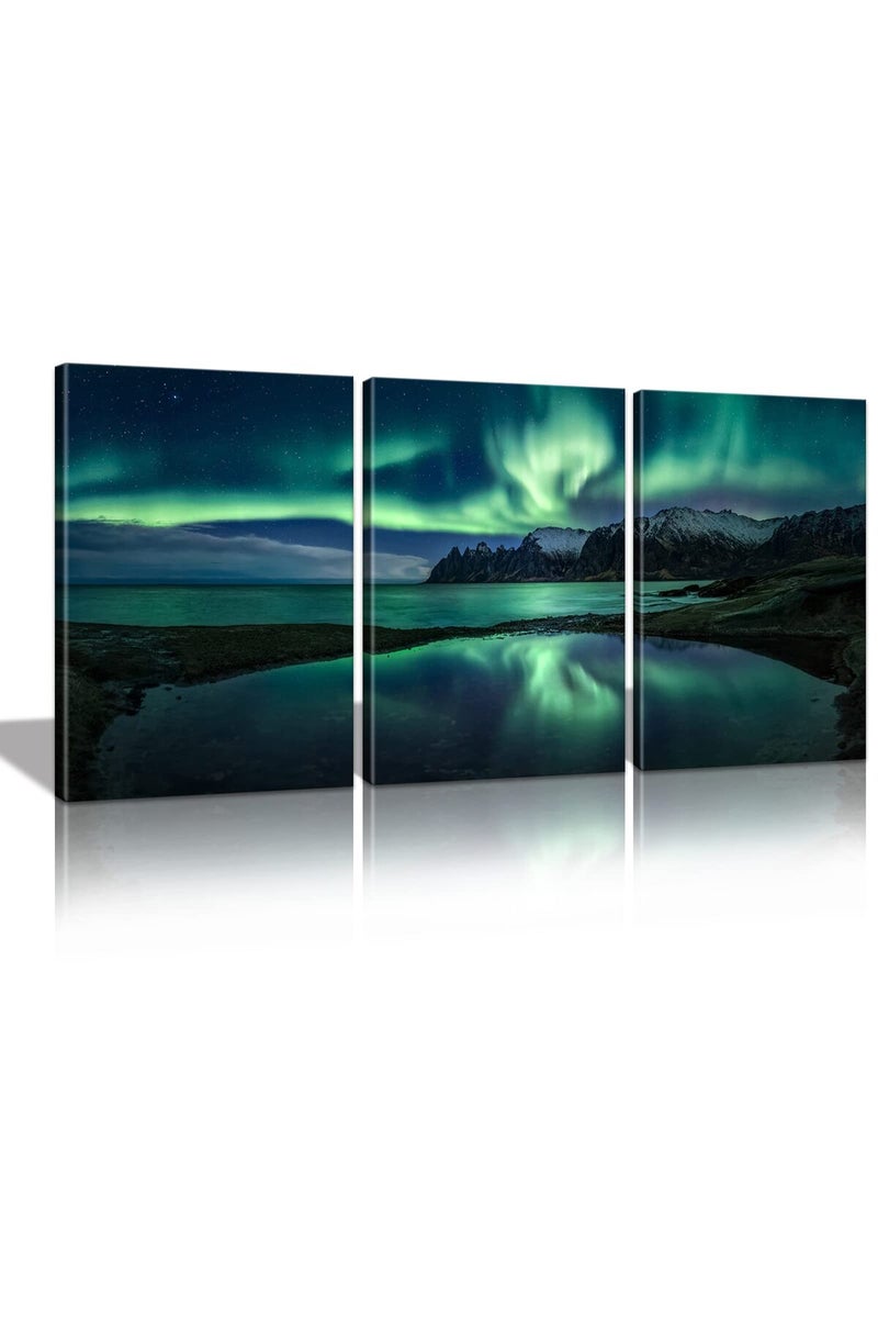 KAWAHONE Northern Lights Canvas Wall Art, Norwegian Beautiful Aurora Scenery Poster Frame, Modern Home Art Stretched and Framed Ready to Hang, 12" x 16" x 3 PCS - Image 1