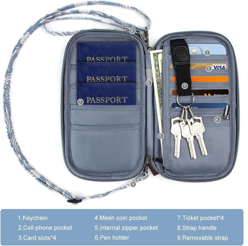 homchen RFID Passport Wallet with Vaccine Card Slot, Family Travel Passport Holder Document Organizer Bag with Wrist & Neck Double Strap - Image 3