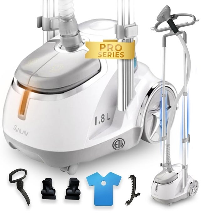 GS45DJ PROFESSIONAL UPRIGHT GARMENT STEAMER WITH ROLL WHEELS MULTIFUNCTION EXTRA WIDE HANGER FABRIC BRUSH MINI IRONING PADDLE 1500 WATTS SILVER