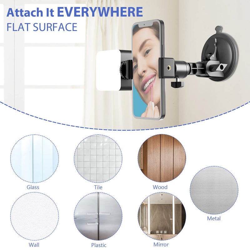 LenTok Suction Cup Mirror Phone Holder with Light, Travel Wall Phone Camera Mount for Makeup Content Creator Essentials, Mirror Tripod for Bathroom Kitchen Compatile with All Smooth Surface - Image 2