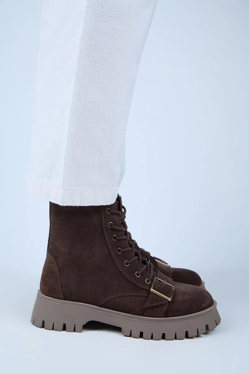 Manijero Manijero (Mihri) Women's Genuine Leather Lace-up, Inner Zipper, Top Buckle Brown Boots