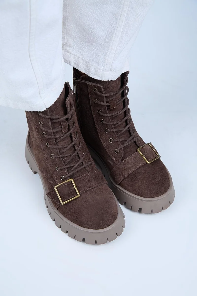 Manijero Manijero (Mihri) Women's Genuine Leather Lace-up, Inner Zipper, Top Buckle Brown Boots