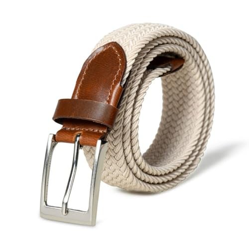 MaheTri Braided Canvas Stretchable Leather Belt, Premium Woven fabric Adjustable & Hole Free Belt for Men & Women (Black, Brown, Cream Black, Cream Brown) (cream Brown, 34"-36" Waist Adjustable) - Image 1
