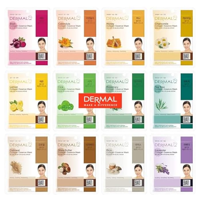 DERMAL 12 Combo Pack Collagen Essence Korean Face Mask, Hydrating & Soothing, Unisex Skin Treatment Mask - Image 1