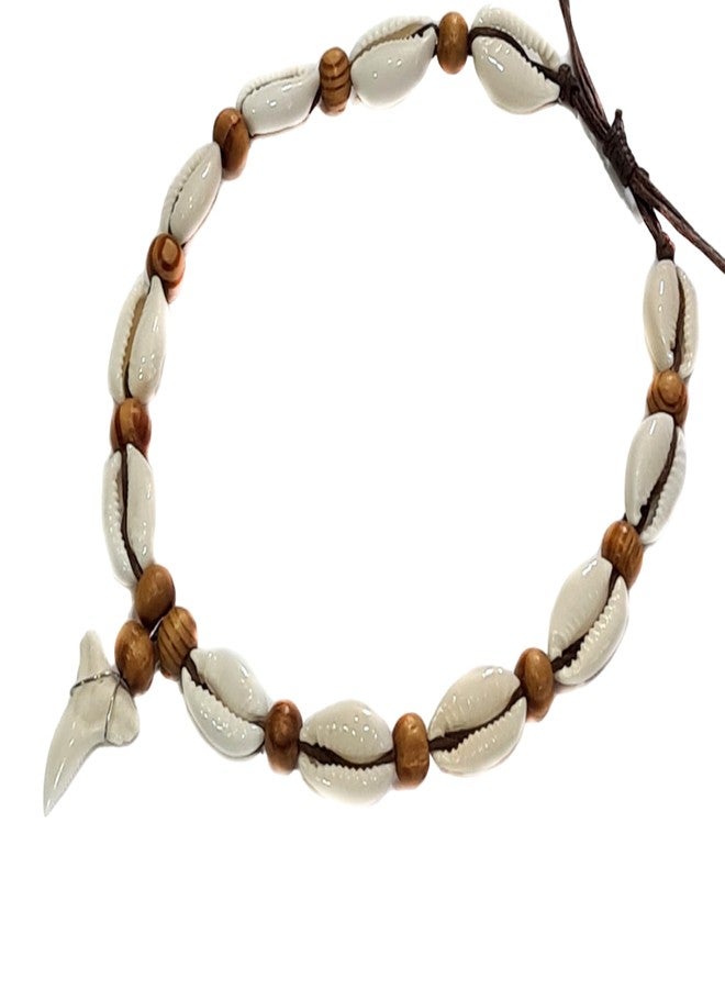Swimmi Genuine Mako Shark Tooth Anklet, Handmade Wooden Beads Cowrie Shell Anklet for Women Seashell Jewelry EA390-AK - Image 2