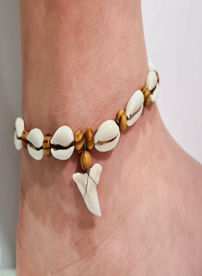 Swimmi Genuine Mako Shark Tooth Anklet, Handmade Wooden Beads Cowrie Shell Anklet for Women Seashell Jewelry EA390-AK - Image 4